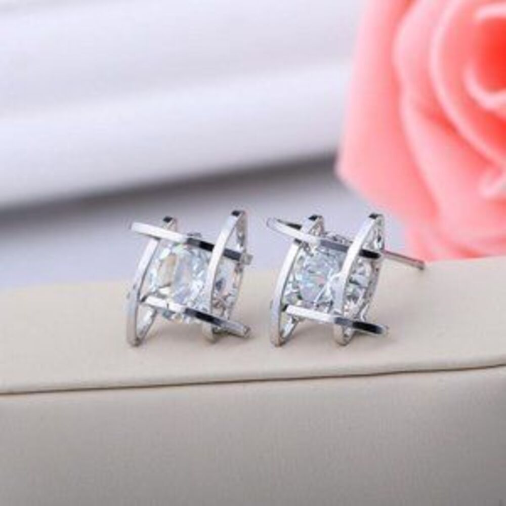 NEW Silver Solitaire Caged Diamond Stud Earrings
